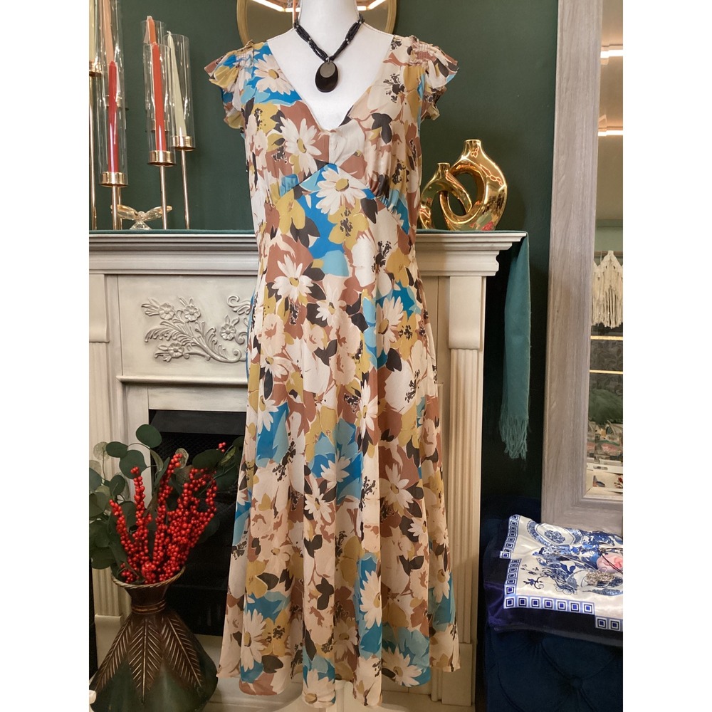 Lauren Ralph Lauren Floral Midi Dress Womens 10 Blue Tan Flutter Sleeve - Picture 1 of 7